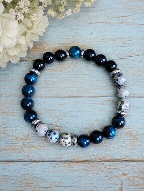 Blue Tiger Eye & Dalmatian Jasper Bead Stretch Bracelet | Handmade